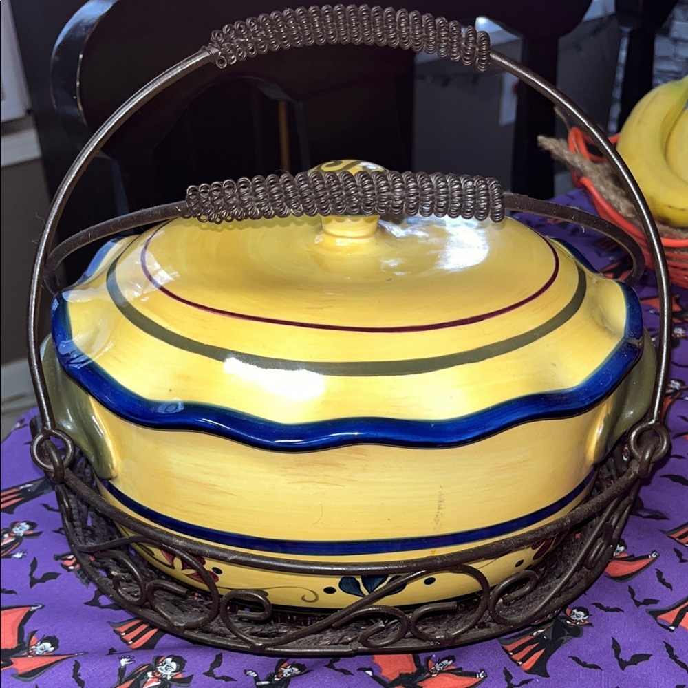 Home & Garden Party Yellow Stoneware Dish with Metal Holder 
NO BUNDLE PLEASE